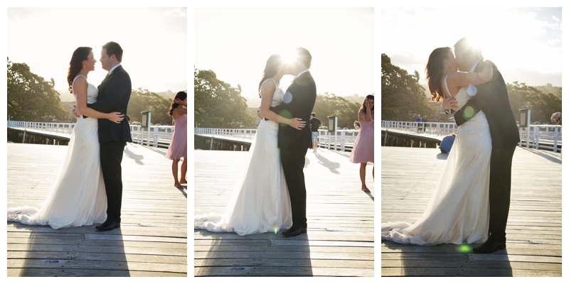 Tritik of bride and groom kissing in front of sunset - wedding photography sydney